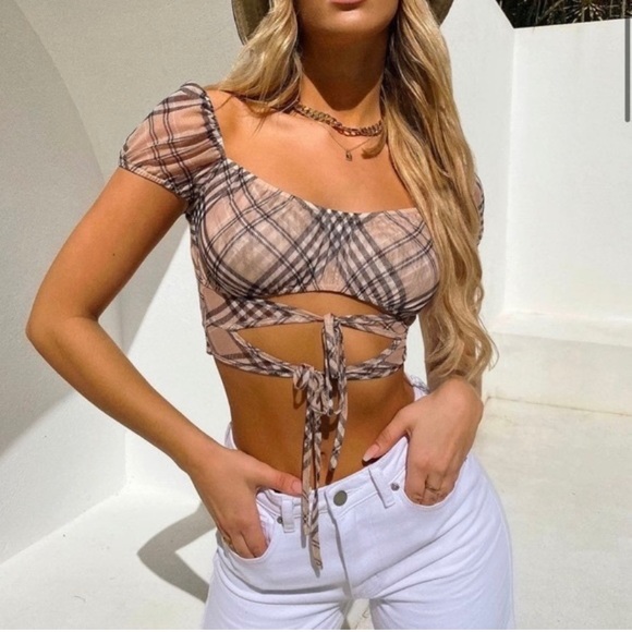 Tiger Mist Karim Plaid Crop Top Womens Semi Sheer Boho Milkmaid Sz XS - Picture 3 of 8